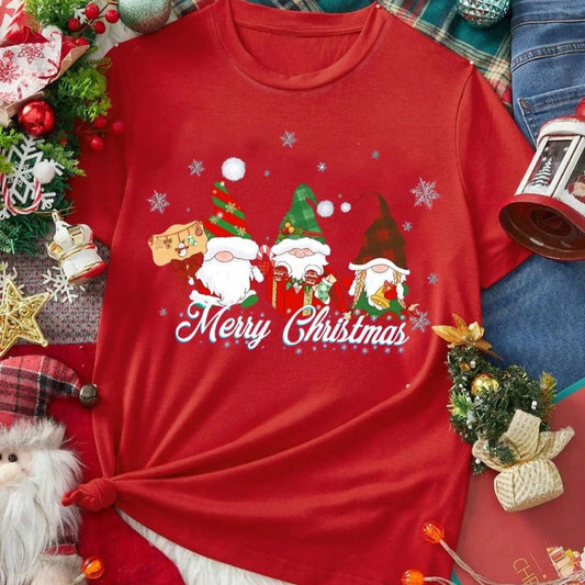 Women's Christmas Cartoon Santa Claus & Letter Print Round Neck Tee, Casual Short Sleeve T-shirt for Summer, Ladies Clothes for Daily Wear