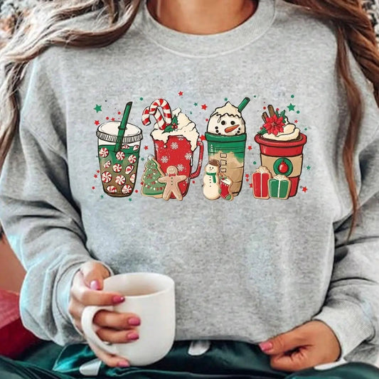 Women's Christmas Drink Print Drop Shoulder Sweatshirt, Casual Long Sleeve Round Neck Pullover for Daily Wear, Ladies Clothes for All Seasons