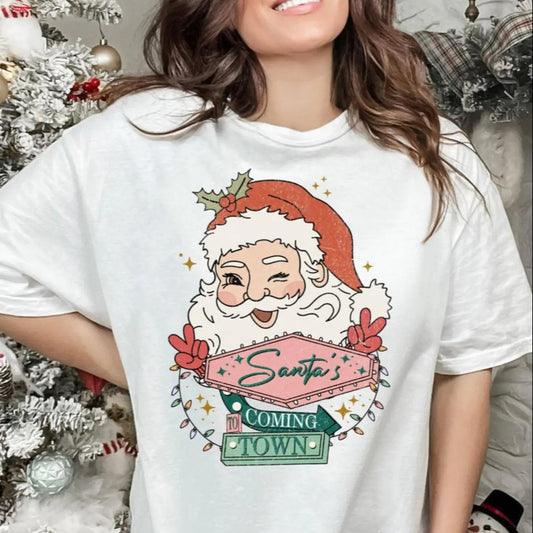 Women's Christmas Santa Claus Print Round Neck Tee, Casual Short Sleeve Crew Neck T-shirt for Summer, Fashion Women's Top for Daily Wear