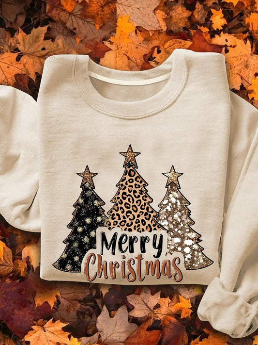 Women's Christmas Tree & Letter Print Crew Neck Sweatshirt, Casual Long Sleeve Pullover for Daily Wear, Ladies Spring & Fall Clothes