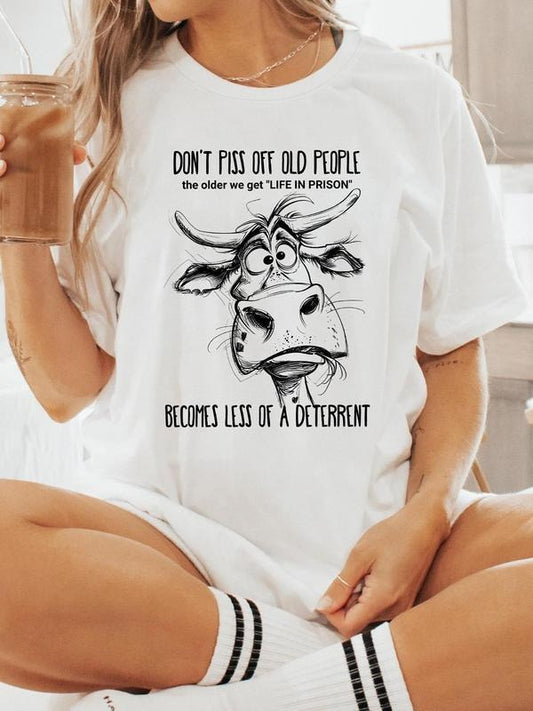 Women's Cow & Letter Print Round Neck Tee, Fashion Casual Crew Neck T-Shirt for Daily Holiday Vacation Outdoor Wear, Ladies Clothes for All Seasons