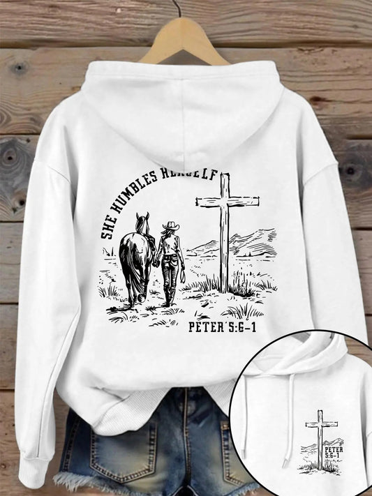 Women's Cross & Horse Print Hoodie, Fashion Casual Letter Graphic Hooded Sweatshirt for Daily Holiday Outdoor Wear, Ladies Clothes for Spring & Fall