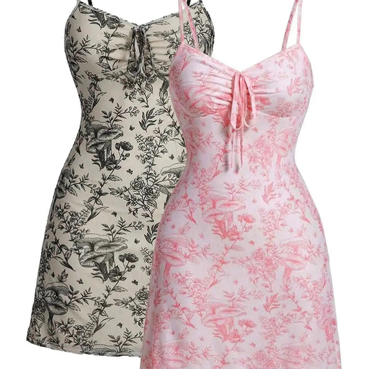 Women's Ditsy Floral Print Ruched Drawstring Cami Dress, Boho Sleeveless Spaghetti Strap Short Dress for Beach Holiday Vacation, Ladies Summer Clothes