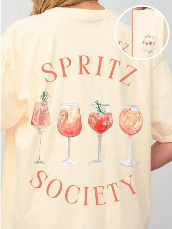 Women's Drink Print Round Neck Tee, Casual Short Sleeve Crew Neck T-Shirt for Summer, Fashion Women's Top for Daily Wearstyle{n002}3