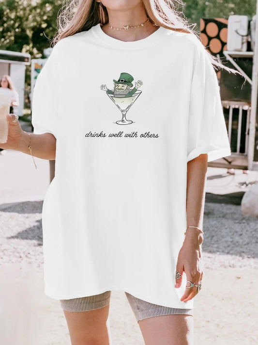 Women's Drinks & Letter Print Round Neck Tee, Casual Half  Sleeve T-shirt for Summer, Women's Top for Daily Wear