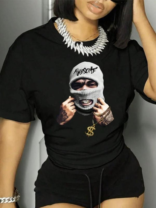 Women's Figure & Letter Print Round Neck Tee, Fashion Casual Crew Neck T-shirt for Daily Holiday Vacation Outdoor Wear, Ladies Clothes for All Seasons