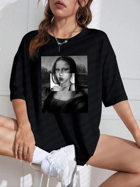 Women's Figure Graphic Round Neck Drop Shoulder Tee, Fashion Casual Crew Neck T-Shirt for Daily Wear, Ladies Clothes for All Seasons