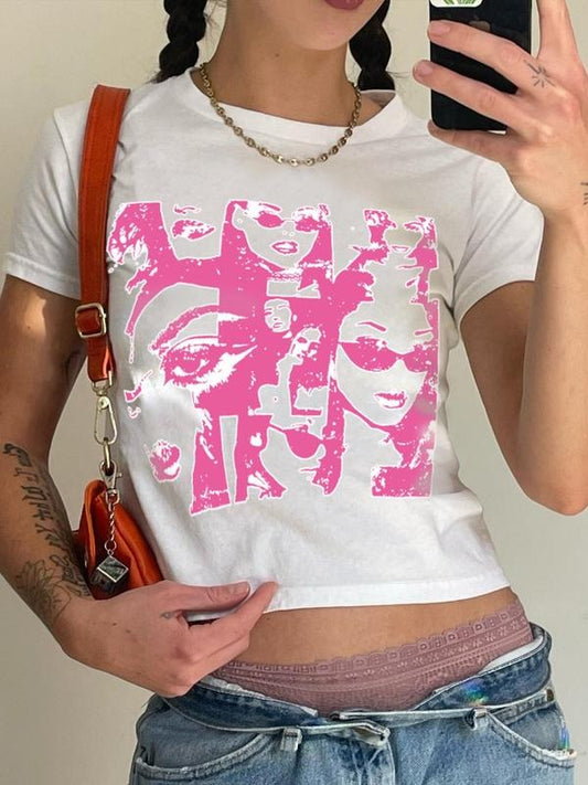 Women's Figure Print Round Neck Crop Tee, Fashion Casual Crew Neck Short Sleeve T-shirt for Daily Holiday Vacation Outdoor Wear, Ladies Clothes for All Seasons