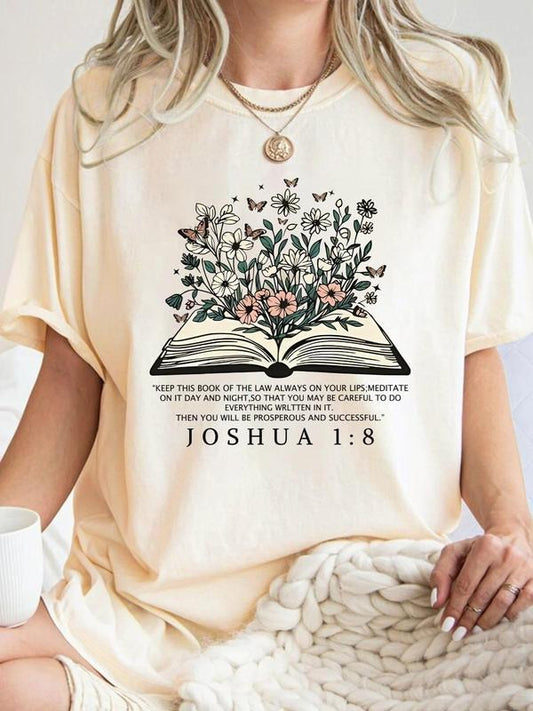 Women's Floral & Book Print Round Neck Graphic Tee, Vintage Trendy Casual Short Sleeve T-shirt for Daily Wear, Ladies Summer Outfit