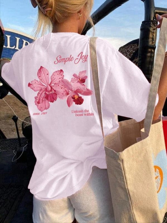 Women's Floral & Butterfly & Figure Print Round Neck Tee, Casual Short Sleeve T-shirt for Summer, Ladies Clothes for Daily Wear, Top