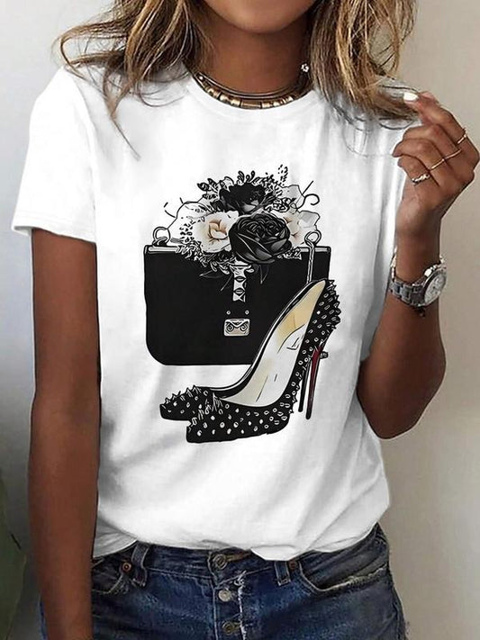 Women's Floral & High Heel Print Round Neck Tee, Fashion Casual Crew Neck T-Shirt for Daily Holiday Vacation Outdoor Wear, Ladies Clothes for Summer, Top