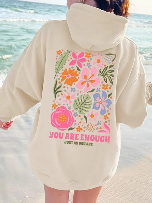 Women's Floral & Letter Print Drawstring Pocket Hoodie, Casual Drop Shoulder Long Sleeve Hooded Sweatshirt, Ladies Fall & Winter Clothes for Daily Wear