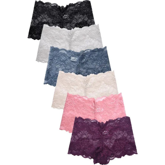 Women's Floral Lace Panties Boyshort Multicolor Trim Scallop 6-Pack