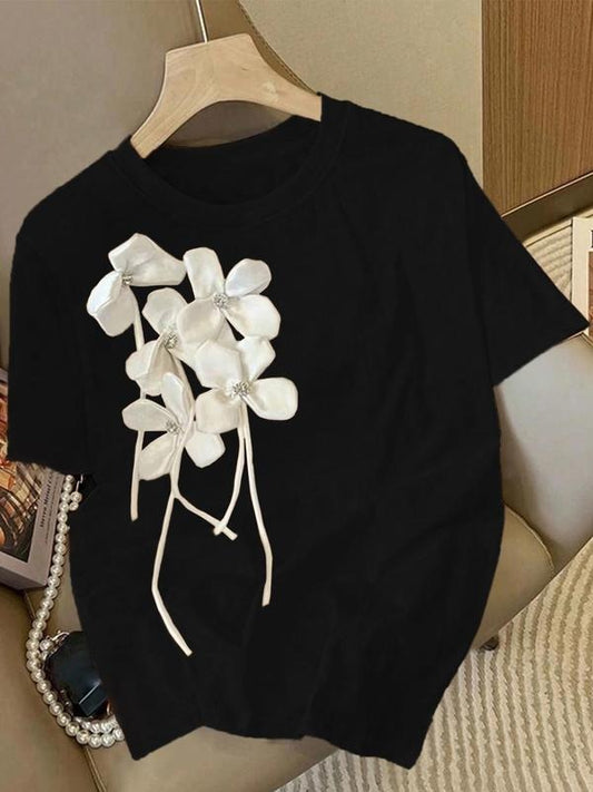 Women's Floral Print Round Neck Tee, Fashion Casual Crew Neck T-Shirt for Daily Holiday Vacation Outdoor Wear, Ladies Clothes for Summer, Top