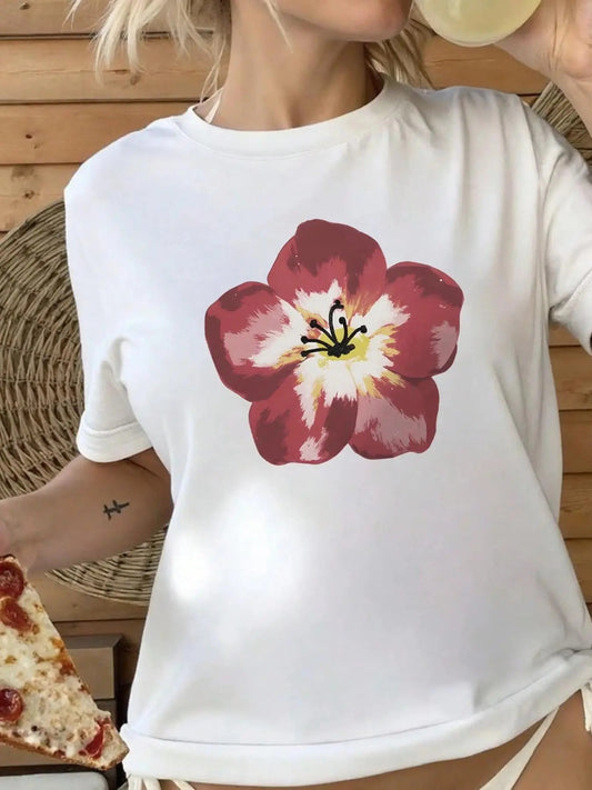 Women's Floral Print Round Neck Tee, Fashion Casual Crew Neck T-shirt for Daily Holiday Vacation Outdoor Wear, Ladies Clothes for All Seasons