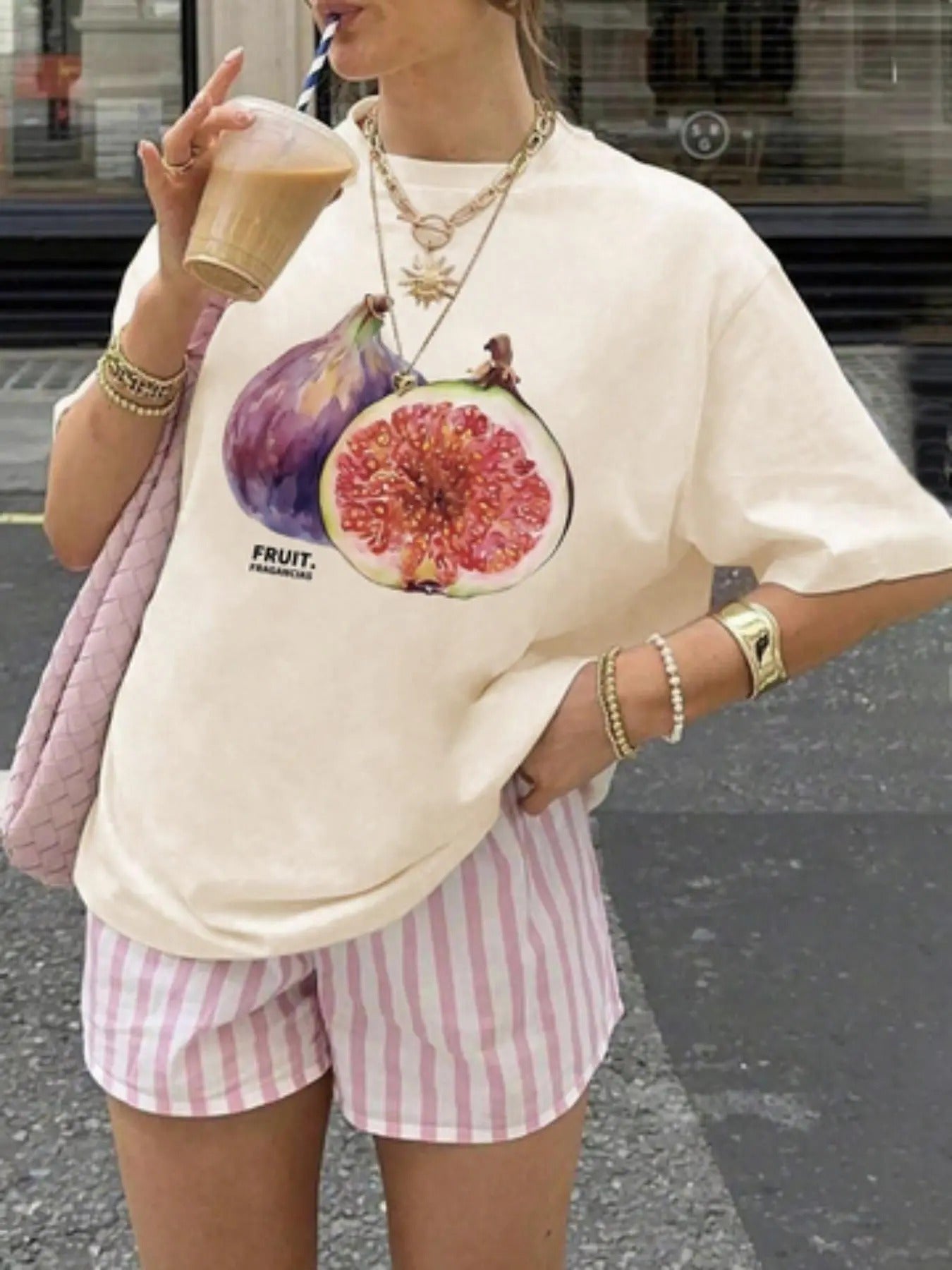 Women's Fruit Print Off Shoulder Tee, Casual Fashion Tight-fitting Short Sleeve T-shirt for Summer, Ladies Clothes for Daily Wear, Top