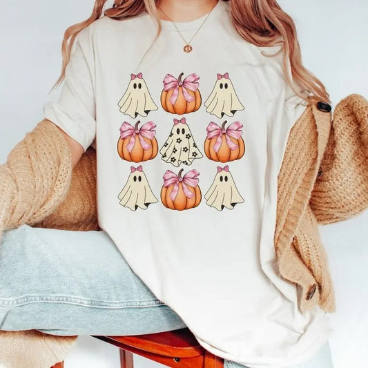 Women's Ghost & Pumpkin Print Round Neck Tee, Fashion Casual Drop Shoulder Half Sleeve T-shirt for Daily Holiday Vacation Outdoor Wear, Ladies Summer Clothes Womenswear Top Underwear Lady