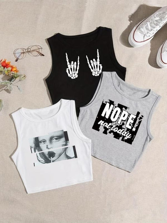 Women's Graphic Round Neck Crop Tank Top, Street Crew Neck Sleeveless Cropped Top, Ladies Summer Clothes for Daily Holiday Vacation Outdoor Wear
