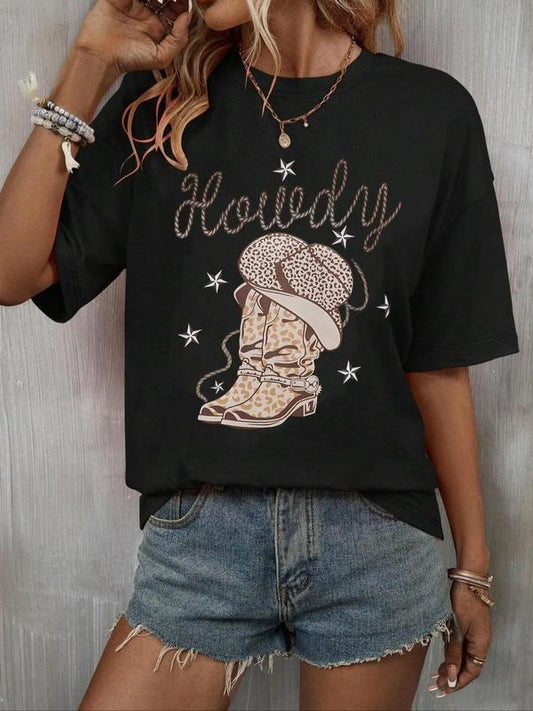 Women's Graphic Round Neck Drop Shoulder Tee, Vintage Trendy Casual Half Sleeve T-shirt For Daily Wear, Ladies All Seasons Outfit