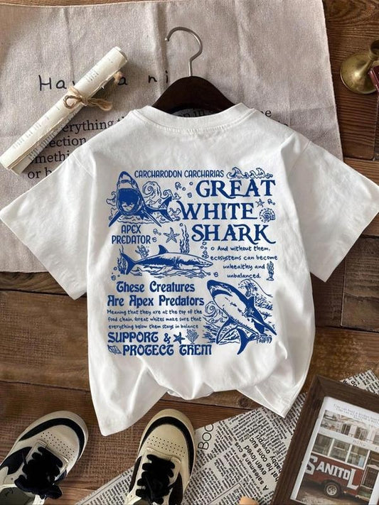 Women's Great Shark Print Round Neck Tee, Casual Short Sleeve Crew Neck T-Shirt for Summer, Fashion Women's Top for Daily Wear