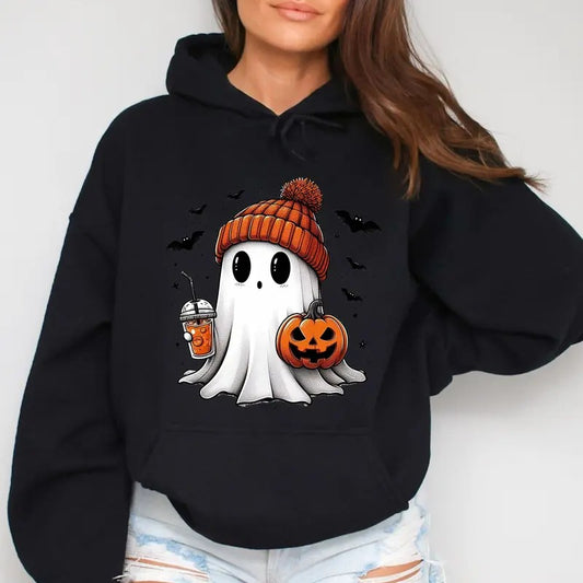 Women's Halloween Cartoon Ghost & Pumpkin Print Drop Shoulder Hoodie, Graphic Hoodie, Casual Sweater for Daily Holiday Wear, Womenswear Sweatshirts