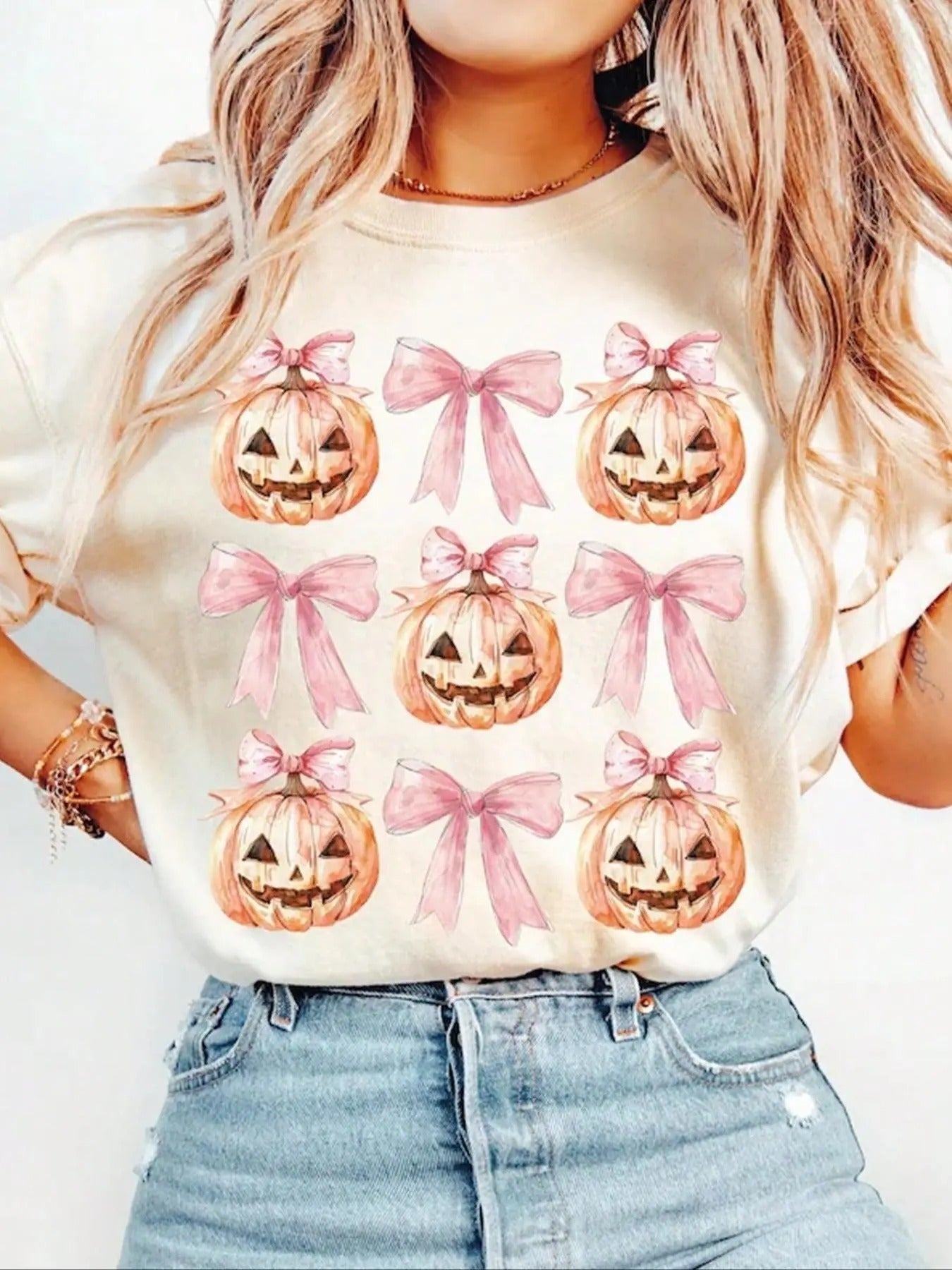 Women's Halloween Themed Bowknot & Pumpkin Print Round Neck Tee, Y2K Style Short Sleeve T-Shirt, Ladies Summer Clothes for Daily Wear