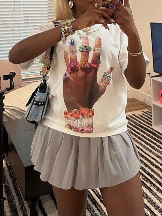 Women's Hand Graphic Drop Shoulder Tee, Fashion Casual Crew Neck T-shirt for Daily Holiday Vacation Outdoor Wear, Ladies Clothes for Summer