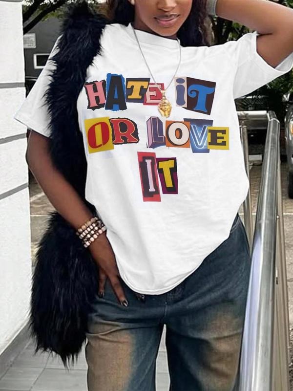 Women's Hate Or Love It Graphic Round Neck Tee, Fashion Casual Crew Neck T-Shirt for Daily Holiday Vacation Outdoor Wear, Ladies Clothes for Summer, Top
