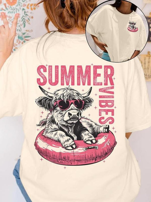 Women's Highland Cow & Letter Print Round Neck Tee, Fashion Casual Crew Neck T-Shirt for Daily Holiday Vacation Outdoor Wear, Ladies Clothes for Summer, Top