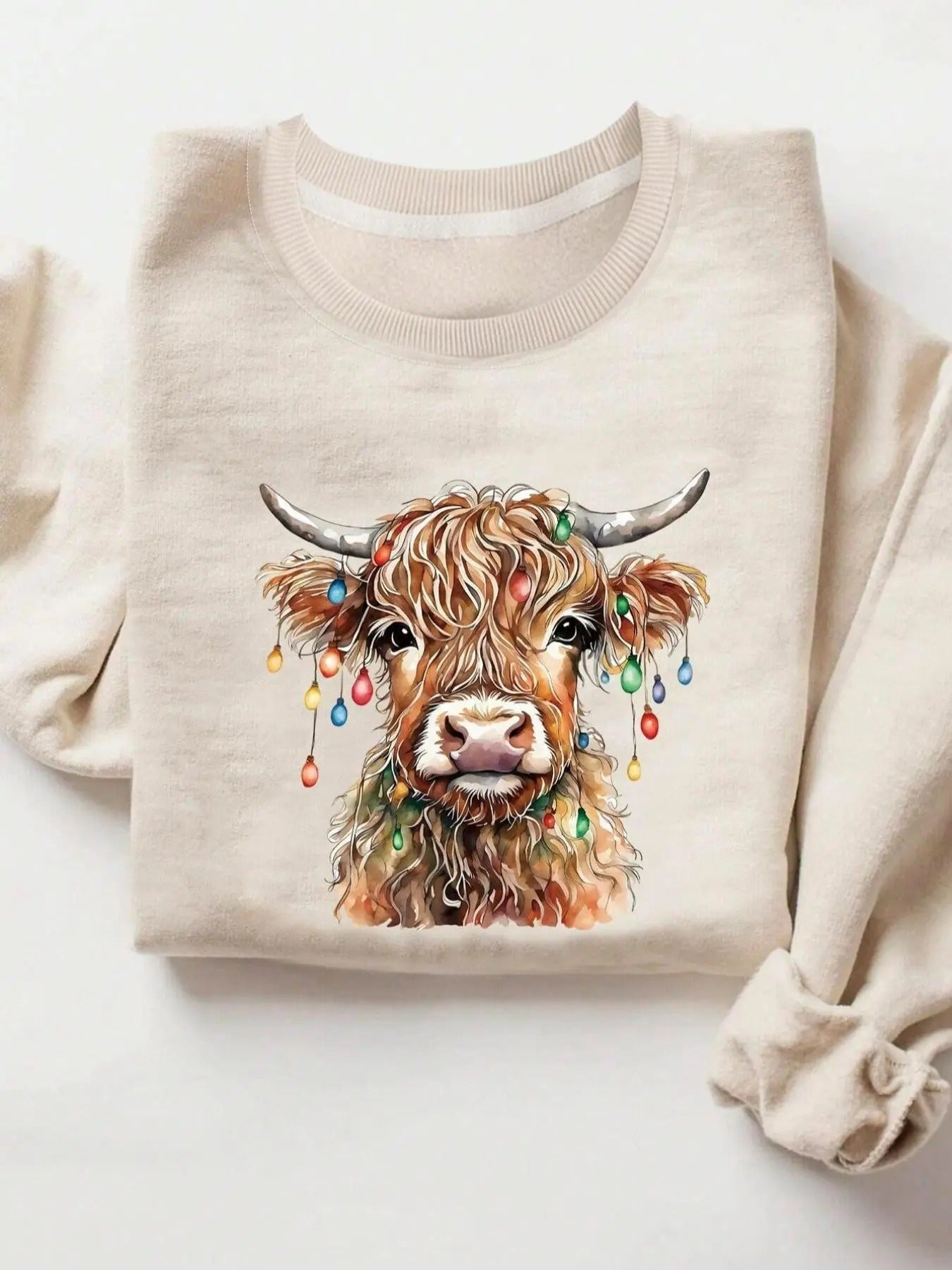 Women's Highland Cow Print Crew Neck Sweatshirt, Casual Long Sleeve Pullover for Spring & Fall, Ladies Clothes for Daily Wear