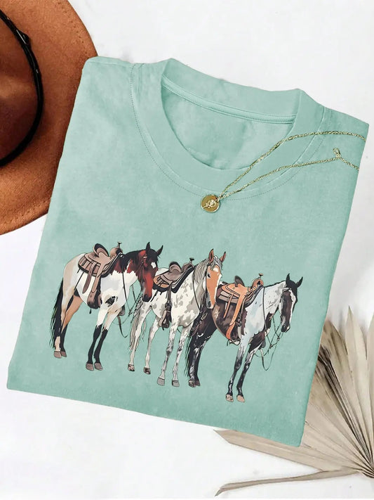 Women's Horse Print Round Neck Tee, Fashion Casual Crew Neck T-shirt for Daily Holiday Vacation Outdoor Wear, Ladies Clothes for All Seasons