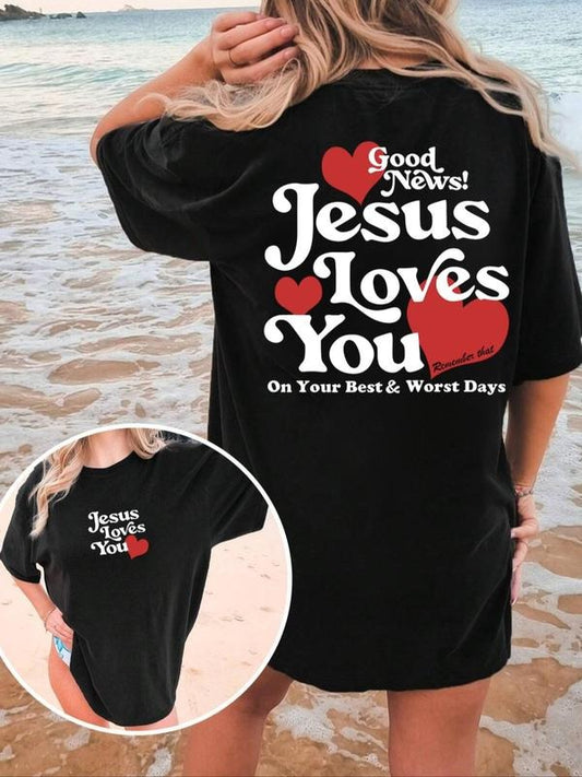 Women's Jesus Loves You Round Neck Graphic Tee, Fashion Casual Crew Neck T-shirt for Daily Holiday Vacation Outdoor Wear, Ladies Clothes for Summer