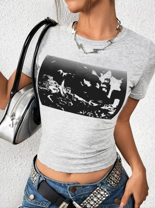 Women's Landscape Print Round Neck Graphic Crop Tee, Vintage Trendy Casual Short Sleeve T-shirt for Daily Wear, Ladies All Seasons Outfit