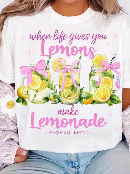 Women's Lemon & Letter Print Round Neck Tee, Fashion Casual Crew Neck T-Shirt for Daily Holiday Vacation Outdoor Wear, Ladies Clothes for All Seasons, Top