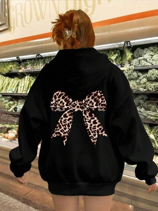 Women's Leopard Bowknot Print Drop Shoulder Thermal Lined Hoodie, Fashion Casual Drawstring Pocket Hooded Sweatshirt for Daily Holiday Outdoor Wear, Women Clothing for Fall & Winter