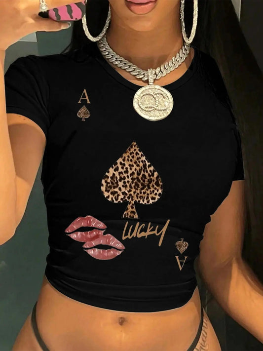 Women's Leopard Lip Print Round Neck Crop Tee, Fashion Casual Crew Neck T-shirt for Daily Holiday Vacation Outdoor Wear, Ladies Clothes for Summer, Tops