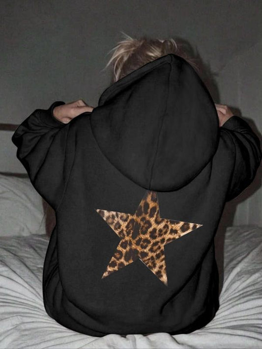 Women's Leopard Star Print Drop Shoulder Hoodie, Fashion Casual Drawstring Pocket Hooded Sweatshirt for Daily Holiday Outdoor Wear, Women Clothing for Fall & Winter