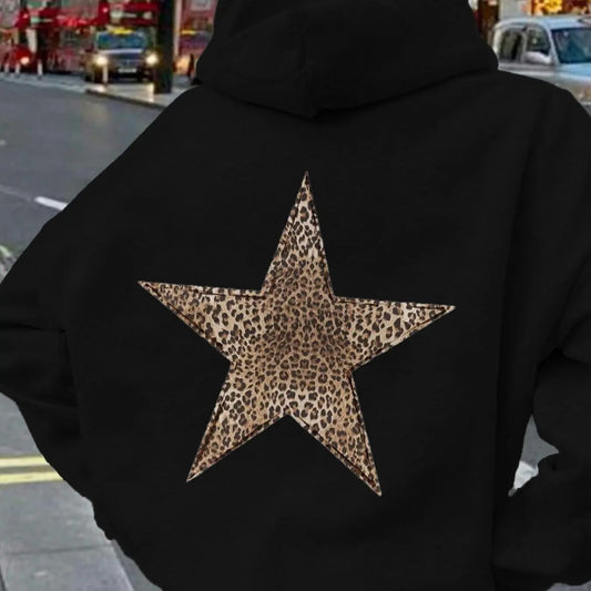 Women's Leopard Star Print Drop Shoulder Hoodie, Fashion Casual Drawstring Pocket Hooded Sweatshirt for Daily Holiday Outdoor Wear, Women Clothing for Fall & Winterstyle{n002}2