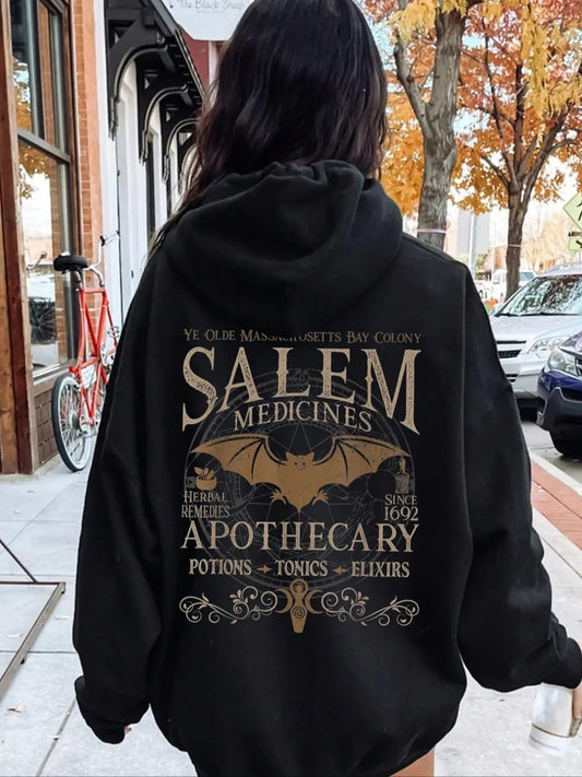 Women's Letter & Bat Print Drop Shoulder Hoodie, Fashion Casual Drawstring Pocket Hooded Sweatshirt for Daily Holiday Outdoor Wear, Ladies Clothes for Spring & Fall
