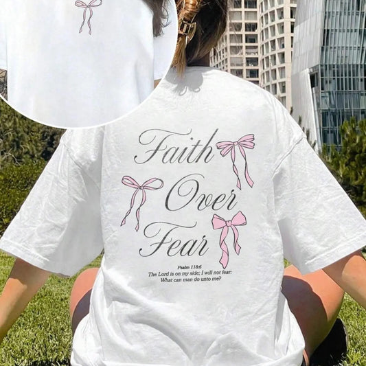 Women's Letter & Bow Print Drop Shoulder Tee, Casual Half Sleeve Round Neck T-shirt for Summer, Ladies Clothes for Daily Wear