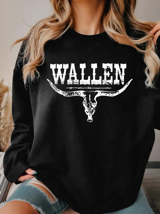 Women's Letter & Bull Head Print Round Neck Sweatshirt, Fashion Casual Crew Neck Pullover for Daily Holiday Outdoor Wear, Ladies Clothes for All Seasons