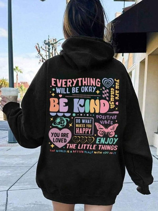 Women's Letter & Butterfly Print Drop Shoulder Hoodie, Fashion Casual Drawstring Pocket Hooded Sweatshirt for Daily Holiday Outdoor Wear, Women Clothing for Fall & Winter