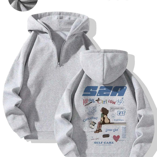 Women's Letter & Figure Print Drop Shoulder Hoodie, Fashion Casual Half Zip Hooded Sweatshirt for Daily Holiday Outdoor Wear, Women Clothing for Fall & Winter