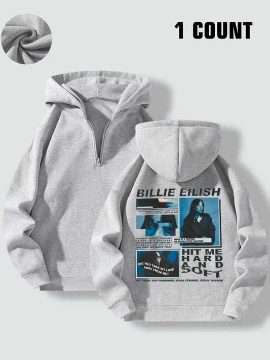 Women's Letter & Figure Print Drop Shoulder Hoodie, Fashion Casual Half Zip Hooded Sweatshirt for Holiday Outdoor Daily Wear, Women Clothing for Fall & Winter