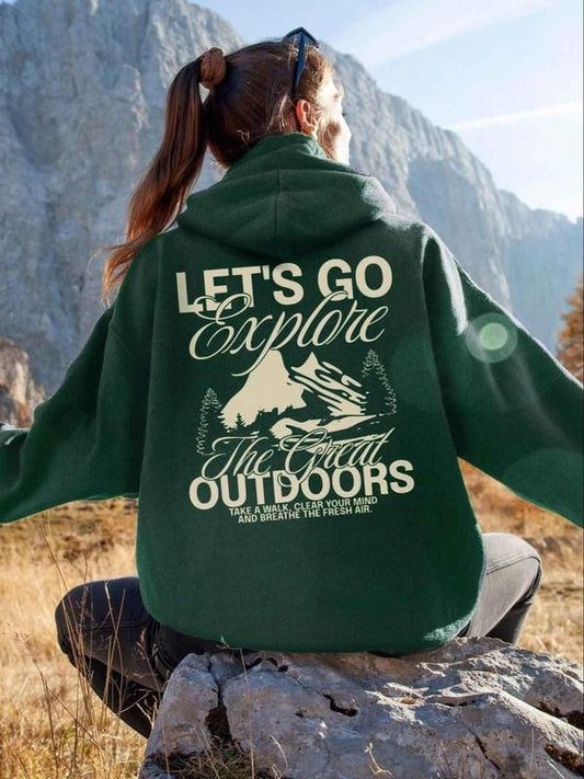 Women's Letter & Mountain Print Drawstring Pocket Hoodie, Casual Long Sleeve Hooded Sweatshirt for Outdoor, Ladies Clothes for All Seasons