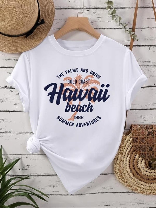 Women's Letter & Palm Tree Print Round Neck Graphic Tee, Vintage Trendy Casual Short Sleeve T-shirt For Daily Wear, Ladies All Seasons Outfit