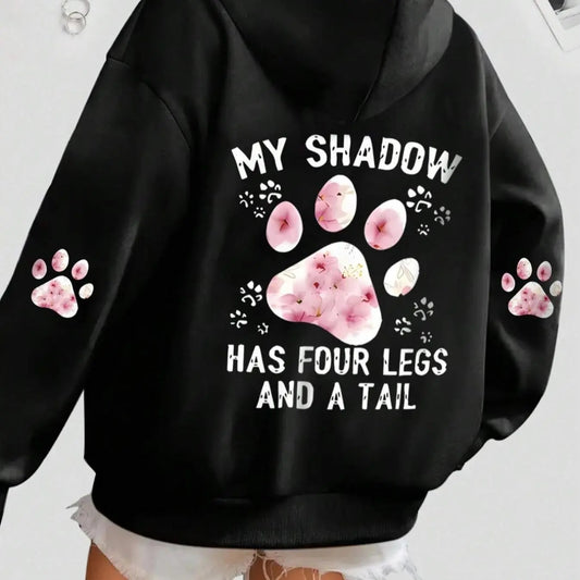 Women's Letter & Paw Print Drop Shoulder Hoodie, Fashion Casual Drawstring Pocket Hooded Sweatshirt for Daily Holiday Outdoor Wear, Women Clothing for Winter