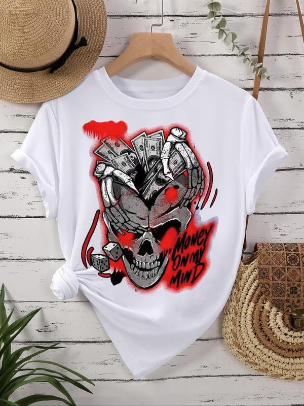 Women's Letter & Skull Print Round Neck Tee, Fashion Casual Short Sleeve Crew Neck T-shirt for Daily Holiday Vacation Outdoor Wear, Ladies Clothes for All Seasons