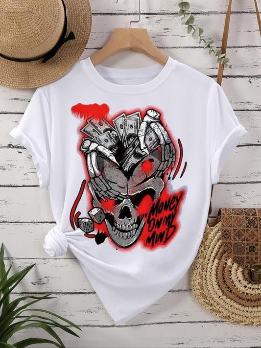 Women's Letter & Skull Print Round Neck Tee, Fashion Casual Short Sleeve Crew Neck T-shirt for Daily Holiday Vacation Outdoor Wear, Ladies Clothes for All Seasons