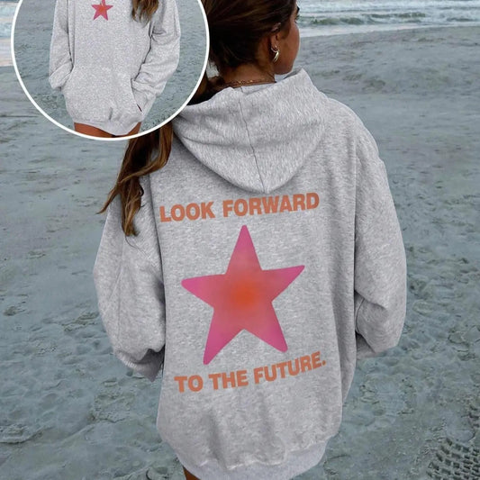 Women's Letter & Star Print Drop Shoulder Hoodie, Fashion Casual Drawstring Pocket Hooded Sweatshirt for Daily Holiday Outdoor Wear, Women Clothing for Fall & Winter